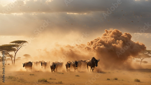 A large group of wildebeests are running across the savanna, photo