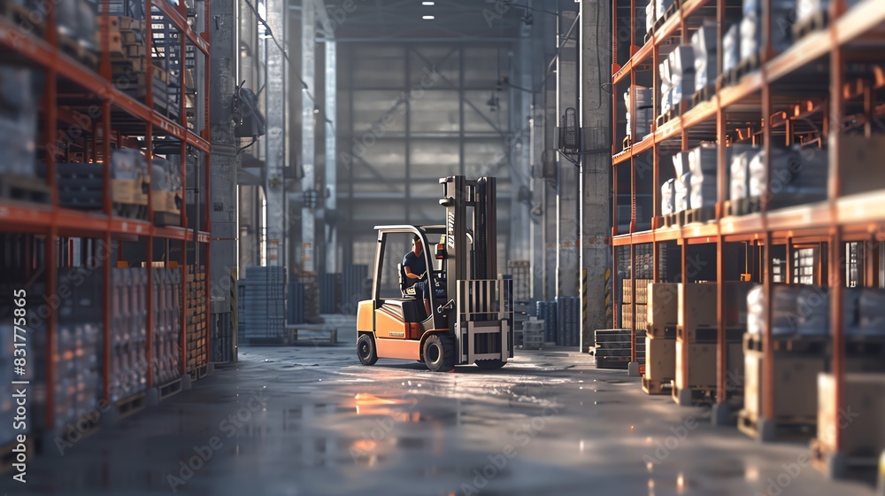 Forklift placing pallets on high shelves, in a large warehouse, detailed and lifelike Forklift placing pallets on high shelves, in a large warehouse, detailed and lifelike