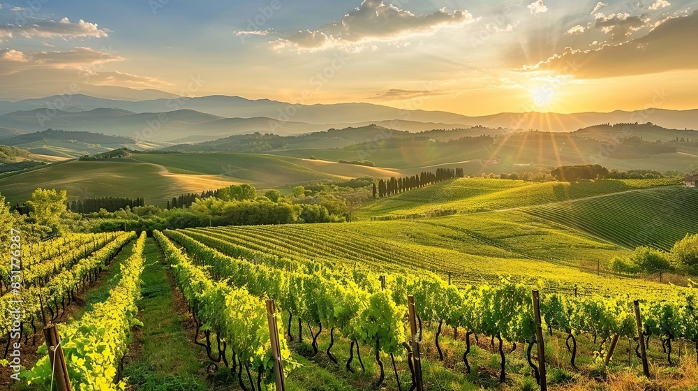 Evening in Tuscany. Hilly Tuscan landscape in golden mood at sunset time. Beautiful landscape.