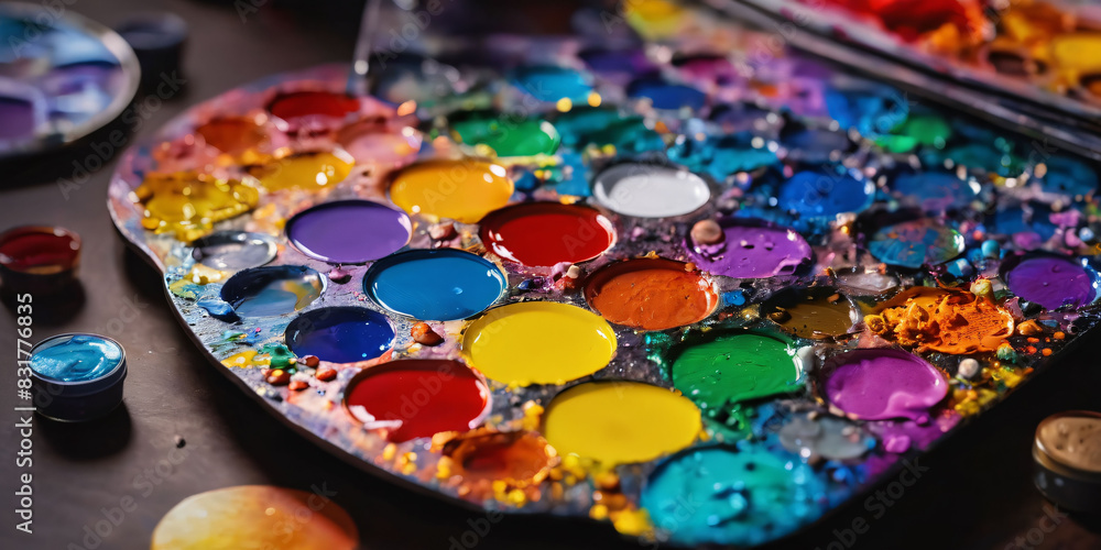 A palette, filled with dollops of acrylic paint, arranged in a rainbow of colors, sitting on a table next to a canvas. A palette, filled with dollops of acrylic paint, arranged in a rainbow of colors, sitting on a table next to a canvas.