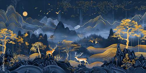 a night landscape with a blue sky, golden deer, and a moon There are also trees and mountains in the scene.