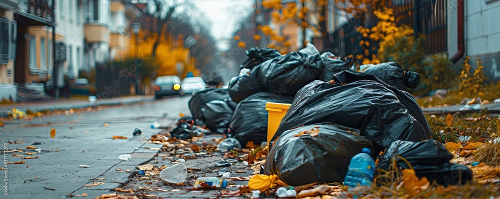 Footpath littered with black garbage bags, city street pollution, urban trash pile, side of road, environmental impact, messy and untidy, metropolitan waste Footpath littered with black garbage bags, city street pollution, urban trash pile, side of road, environmental impact, messy and untidy, metropolitan waste