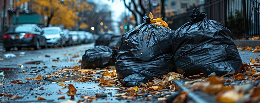 City footpath with piled black garbage bags, urban pollution, trash and litter, side of road, environmental issue, cluttered and messy scene, metropolitan waste City footpath with piled black garbage bags, urban pollution, trash and litter, side of road, environmental issue, cluttered and messy scene, metropolitan waste