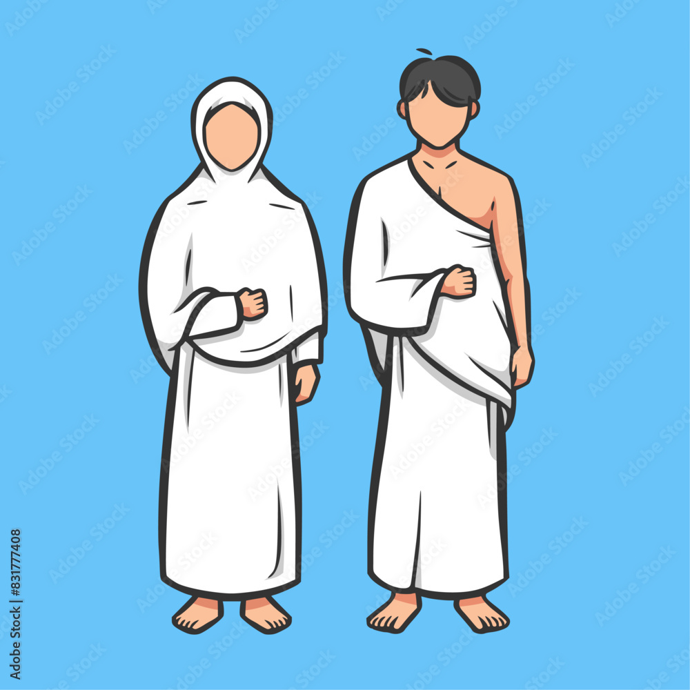 Muslim couple performs Islamic Hajj Pilgrimage. Man and Woman Hajj characters wear ihram clothes. Vector illustration in hand drawn Muslim couple performs Islamic Hajj Pilgrimage. Man and Woman Hajj characters wear ihram clothes. Vector illustration in hand drawn