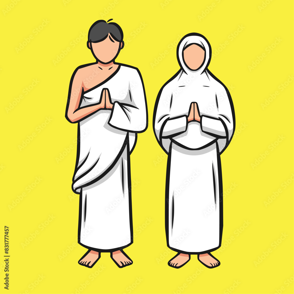 Muslim couple performs Islamic Hajj Pilgrimage. Man and Woman Hajj characters wear ihram clothes. Vector illustration in hand drawn Muslim couple performs Islamic Hajj Pilgrimage. Man and Woman Hajj characters wear ihram clothes. Vector illustration in hand drawn