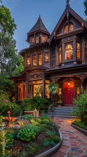 Wallpaper Mural Stunning Victorian-style exterior with intricate woodwork, lush landscaping, and a vibrant red front door, bathed in soft morning light. Torontodigital.ca