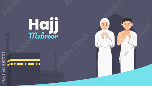 Muslim couple performs Islamic Hajj Pilgrimage. Man and Woman Hajj characters wear ihram clothes. Vector illustration in flat