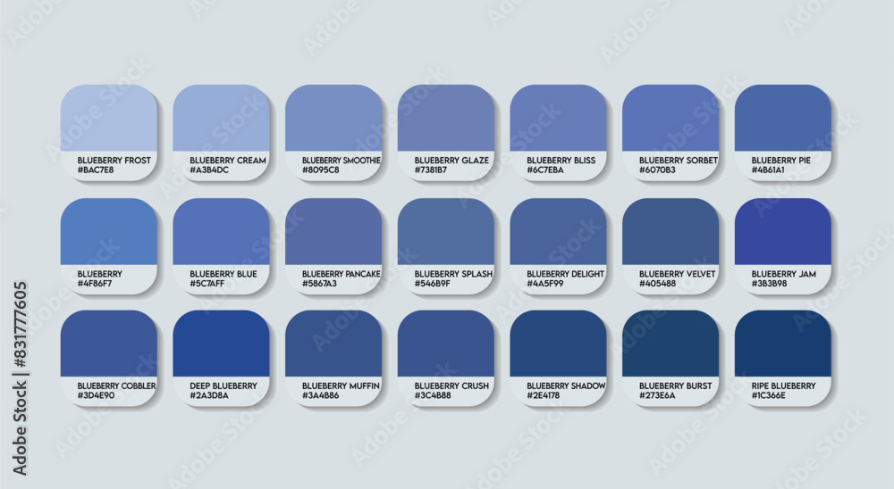 Blue Berry Color Guide Palette with Color Names. Catalog Samples are