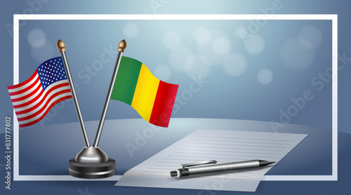USA and Mali Small national flag on bokeh background, cooperative relationship