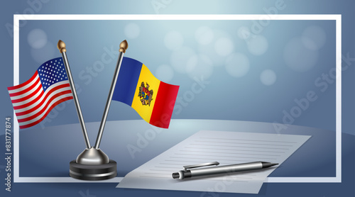 USA and Moldova Small national flag on bokeh background, cooperative relationship