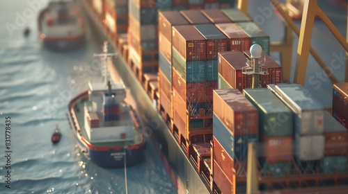 Shipping containers being unloaded from a cargo ship, detailed and lifelike photo