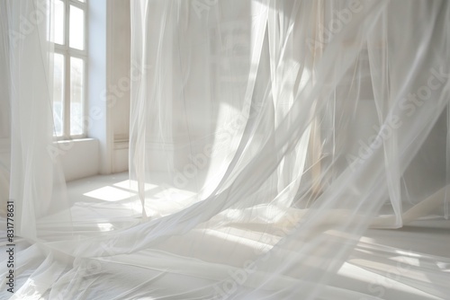 transparent fabric hanging in a white room photo