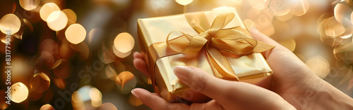 Christmas gift in gentle female hands on a ligh with bokeh and copy space on new year background
 photo