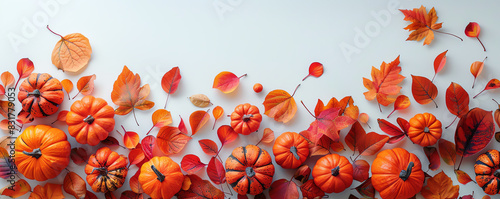 Clean white background with a minimalist Halloween card frame of pumpkins and autumn leaves, offering copy space