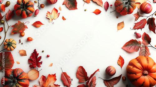Minimalist Halloween card frame with autumn leaves and pumpkins, on a white background with empty copy space photo