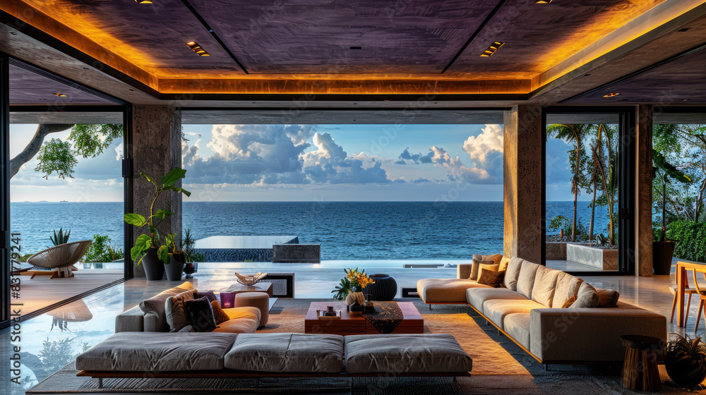 Fototapeta premium Natural purple shade living room of a house resort by ocean beach