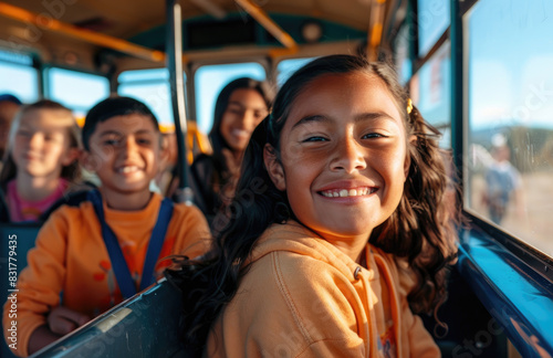 happy multiethnic children sitting on the school bus, surrounded by their friends and smiling at camera. The bus is filled with other students who have come to board for morning private school © Kien