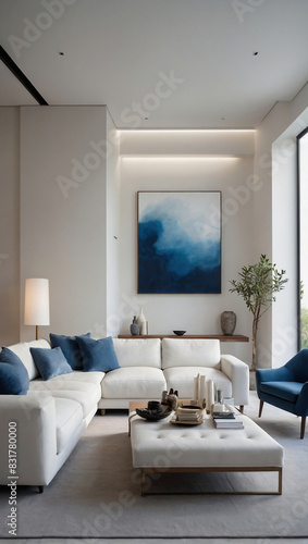 blue minimalistic living room nterior design  home decor  furniture  cozy  entertainment  family time  comfortable seating  natural light  accent pieces 