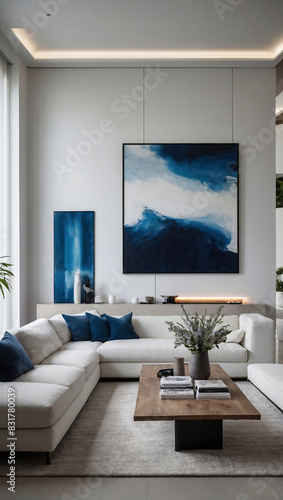 blue minimalistic living room:nterior design, home decor, furniture, cozy, entertainment, family time, comfortable seating, natural light, accent pieces,