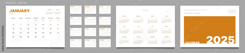 Obraz premium Set of 2025 Pages Monthly Calendar Planner Templates, Cover with Place for Photo, Company Logo, Annual. Vector pages size A4-21x29.7 in for wall or desk calendar with 2 weekend. Week start Monday