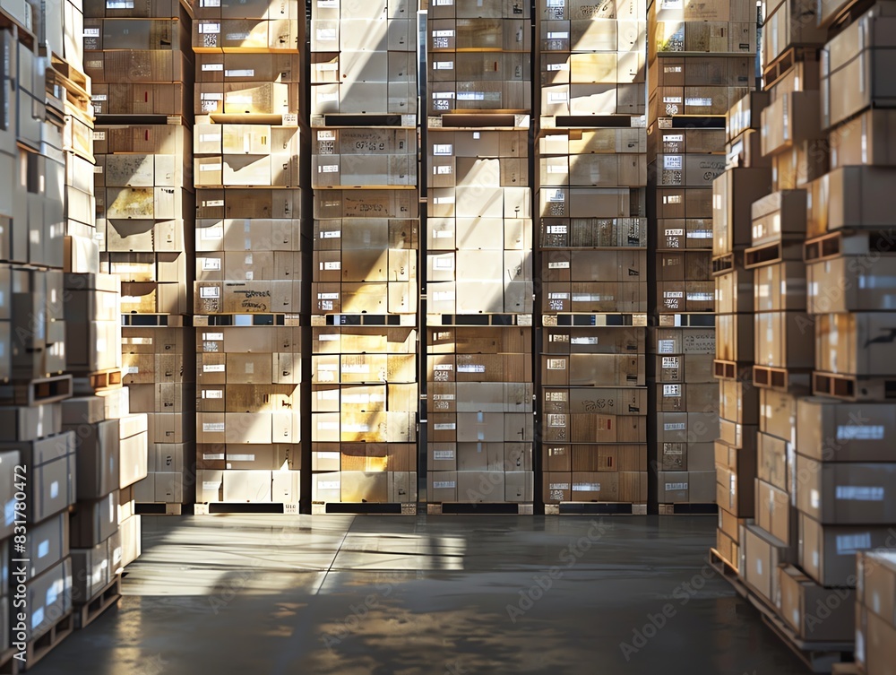 Warehouse filled with stacked pallets, boxes labeled for shipping, high detail