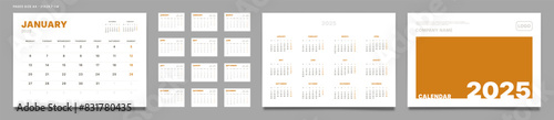 Set of 2025 Pages Monthly Calendar Planner Templates, Cover with Place for Photo, Company Logo, Annual. Vector pages size A4-21x29.7 in for wall or desk calendar with 2 weekend. Week start Monday