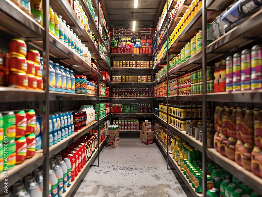 Warehouse shelves filled with products, detailed and lifelike