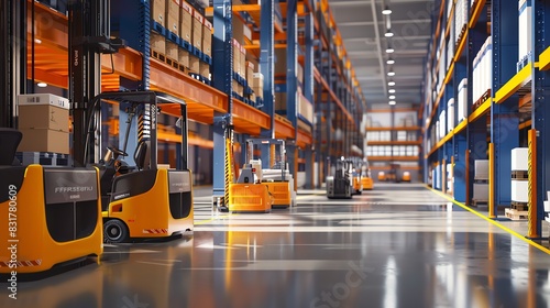 Warehouse with automated forklifts, capturing the modern logistics environment