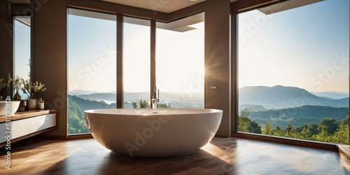 A luxurious bathroom with a large  freestanding tub placed in front of a floor-to-ceiling window  offering a stunning view.