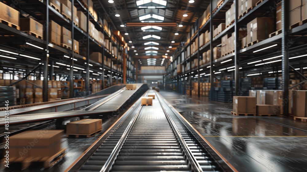 Fototapeta premium Warehouse with conveyor belts and packed shelves, capturing dynamic action