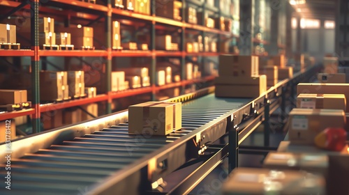 Warehouse with conveyor belts and sorted packages, high detail photo