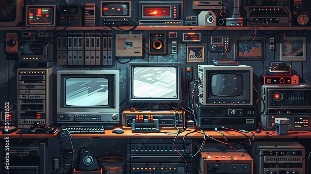 Low-res pixel art of futuristic technology, featuring retro computer interfaces and digital devices Low-res pixel art of futuristic technology, featuring retro computer interfaces and digital devices