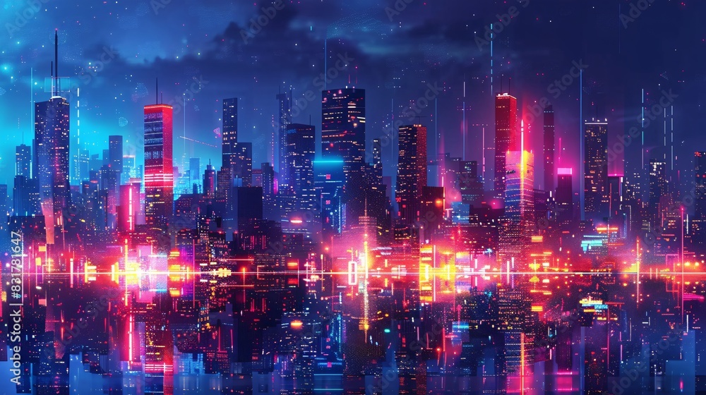Pixelated landscape of a tech-filled city, with vibrant neon lights and simplified geometric shapes Pixelated landscape of a tech-filled city, with vibrant neon lights and simplified geometric shapes