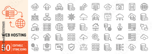 Web Hosting editable stroke outline web icons set. Web hosting, server, CDN, VPN, domain, FTP, internet, backup, SSL, database and firewall. Vector illustration