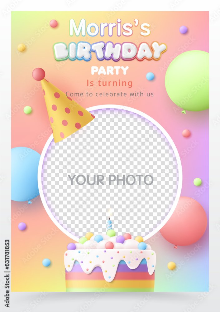 3D Happy birthday invitation greeting card vector template with rainbow cake, cute balloon, photo frame on colorful background for baby and kid invite greeting card fun party, social media, post. 3D Happy birthday invitation greeting card vector template with rainbow cake, cute balloon, photo frame on colorful background for baby and kid invite greeting card fun party, social media, post.