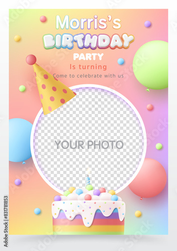 3D Happy birthday invitation greeting card vector template with rainbow cake, cute balloon, photo frame on colorful background for baby and kid invite greeting card fun party, social media, post.