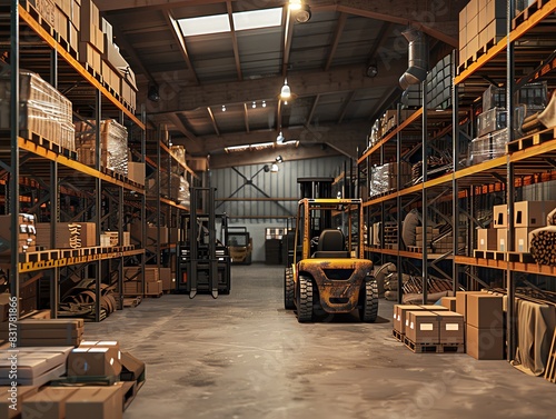 Warehouse with forklifts and packed shelves, realistic textures