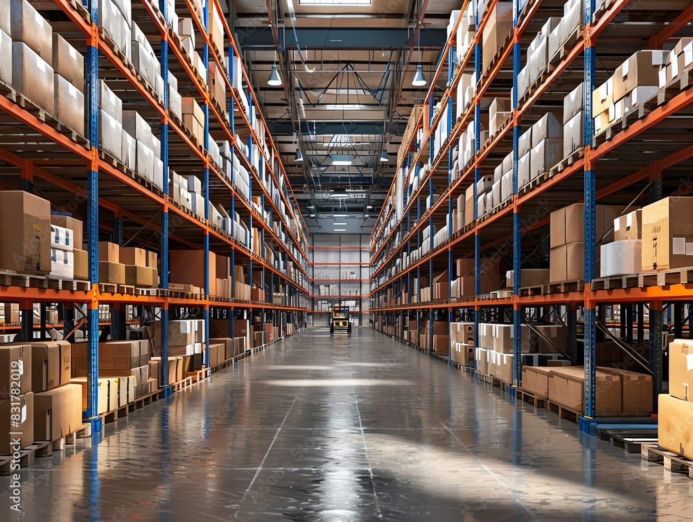 Warehouse with high shelves and sorted inventory, high detail