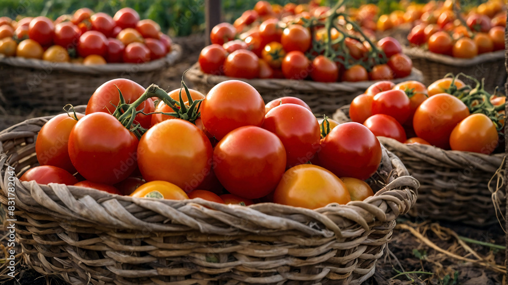 Tomatoes harvest season. Fresh tomatoes in baskets. Farming and autumn themes. Generative AI. Tomatoes harvest season. Fresh tomatoes in baskets. Farming and autumn themes. Generative AI.