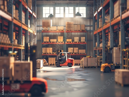 Warehouse with forklifts and stacked boxes, capturing the busy environment photo