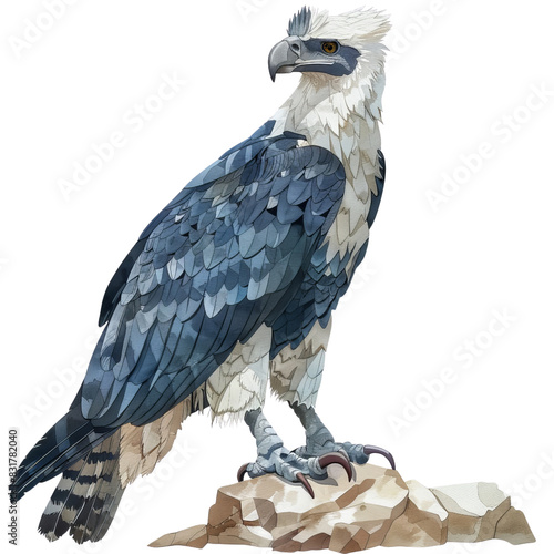 Illustration of majestic eagle perched on a rock with detailed feathers, sharp beak, and fierce gaze. Perfect for wildlife and nature themes. photo