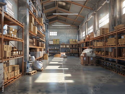 Warehouse with labeled aisles and inventory, detailed and lifelike photo