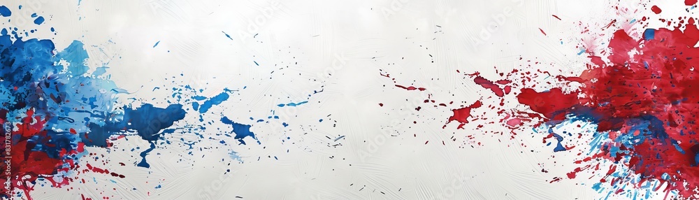Abstract paint splatter background with vibrant blue and red splashes on a white canvas.