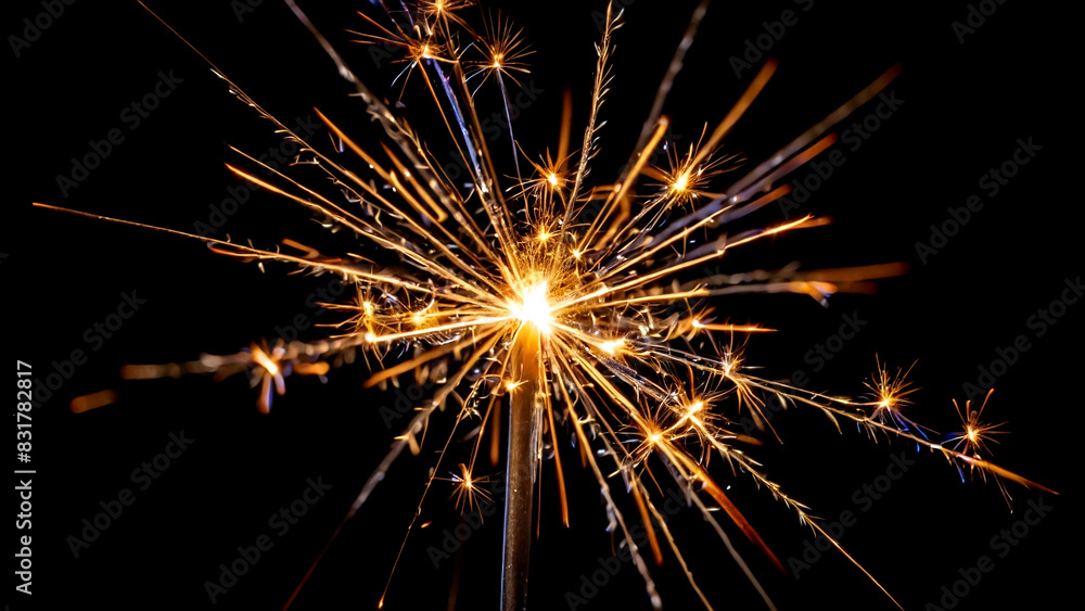 Fototapeta premium Dazzling fire sparkler light on a black background, fireworks sparks. Generative AI.