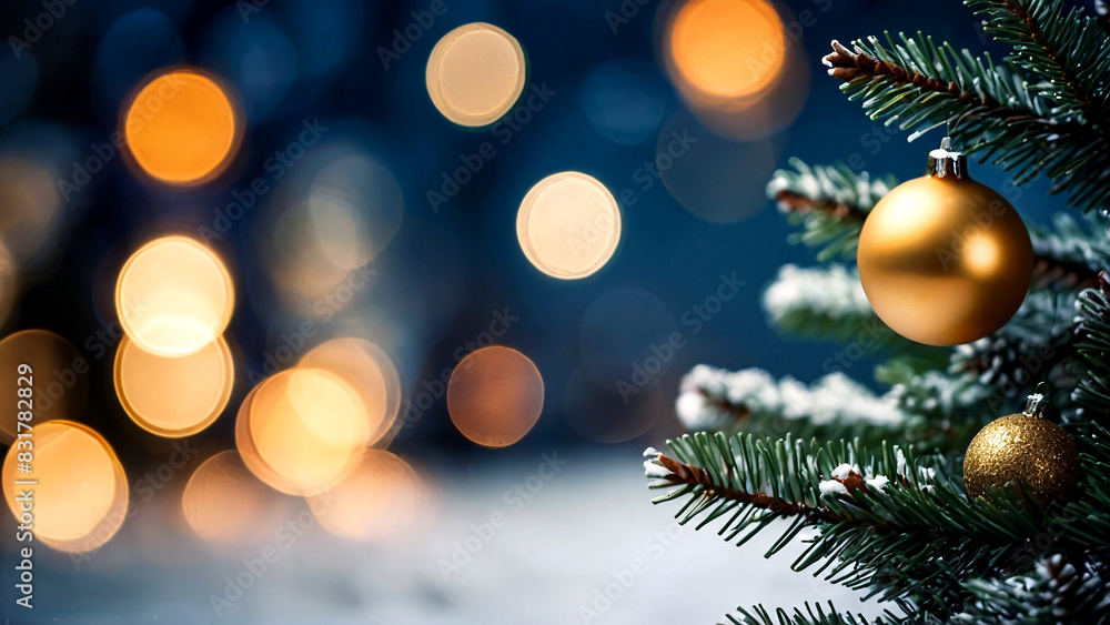 Obraz premium Christmas trees and fir branches with golden bokeh lights on background made from garland. Generative AI.