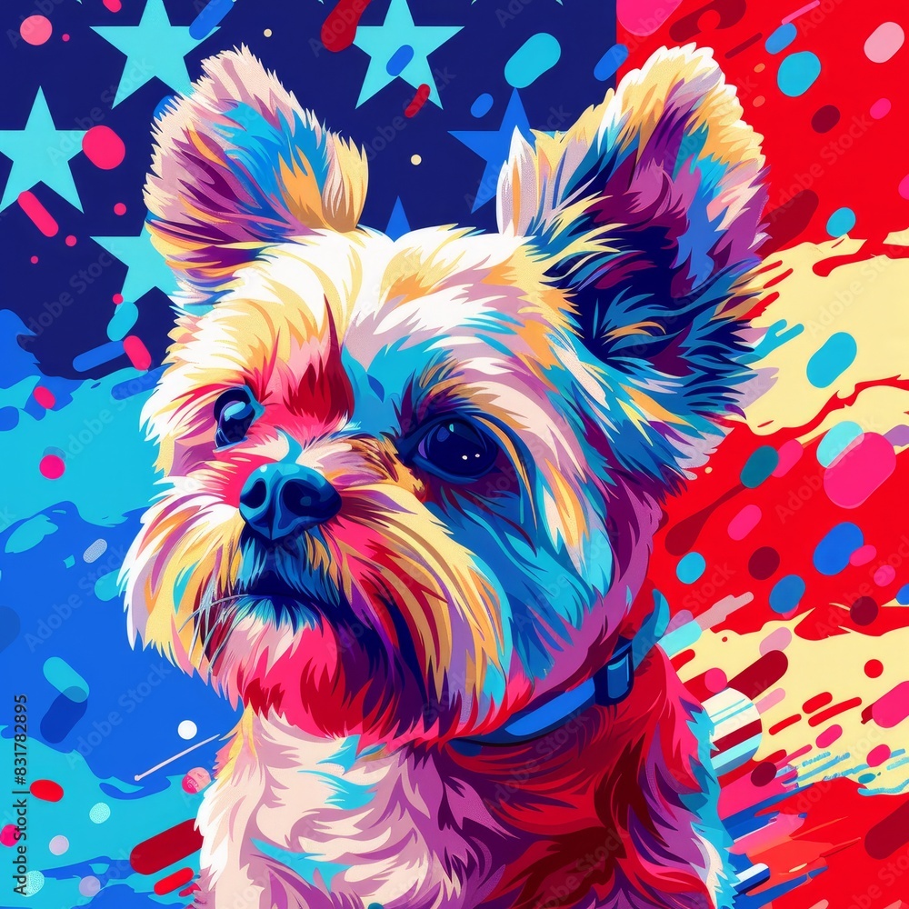 Colorful pop art illustration of a Yorkshire Terrier against a vibrant abstract background with stars.