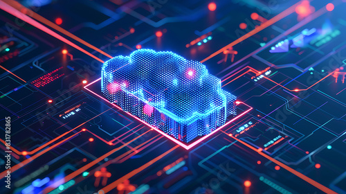 Blue Cloud Floating on Top of Circuit Board, cloud computing - cloud with hologram digital wireless connection, data transfer cloud and data security. Generative AI illustration 