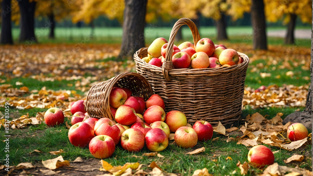 Apple harvest season. Fresh apples in baskets. Farming and autumn themes. Generative AI. Apple harvest season. Fresh apples in baskets. Farming and autumn themes. Generative AI.