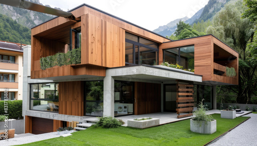 Modern house with wooden cladding and large windows, surrounded by greenery in the mountains. The building has an elegant design featuring geometric shapes, while concrete walls add to its modern aest © Kien