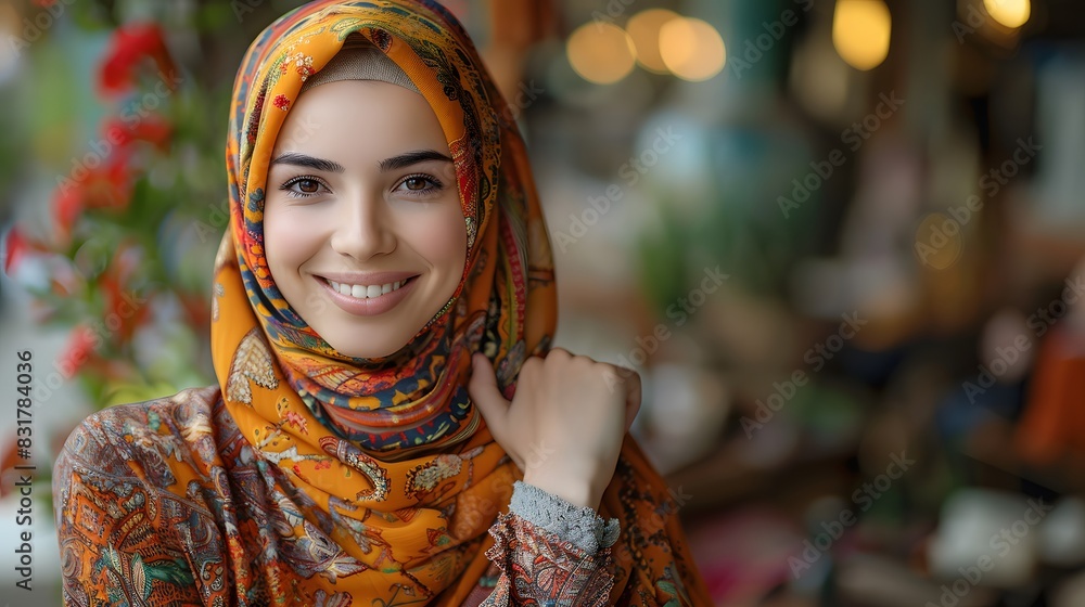 Wide portrait of a Muslim woman wearing a vibrant hijab, smiling confidently, with a scenic outdoor background